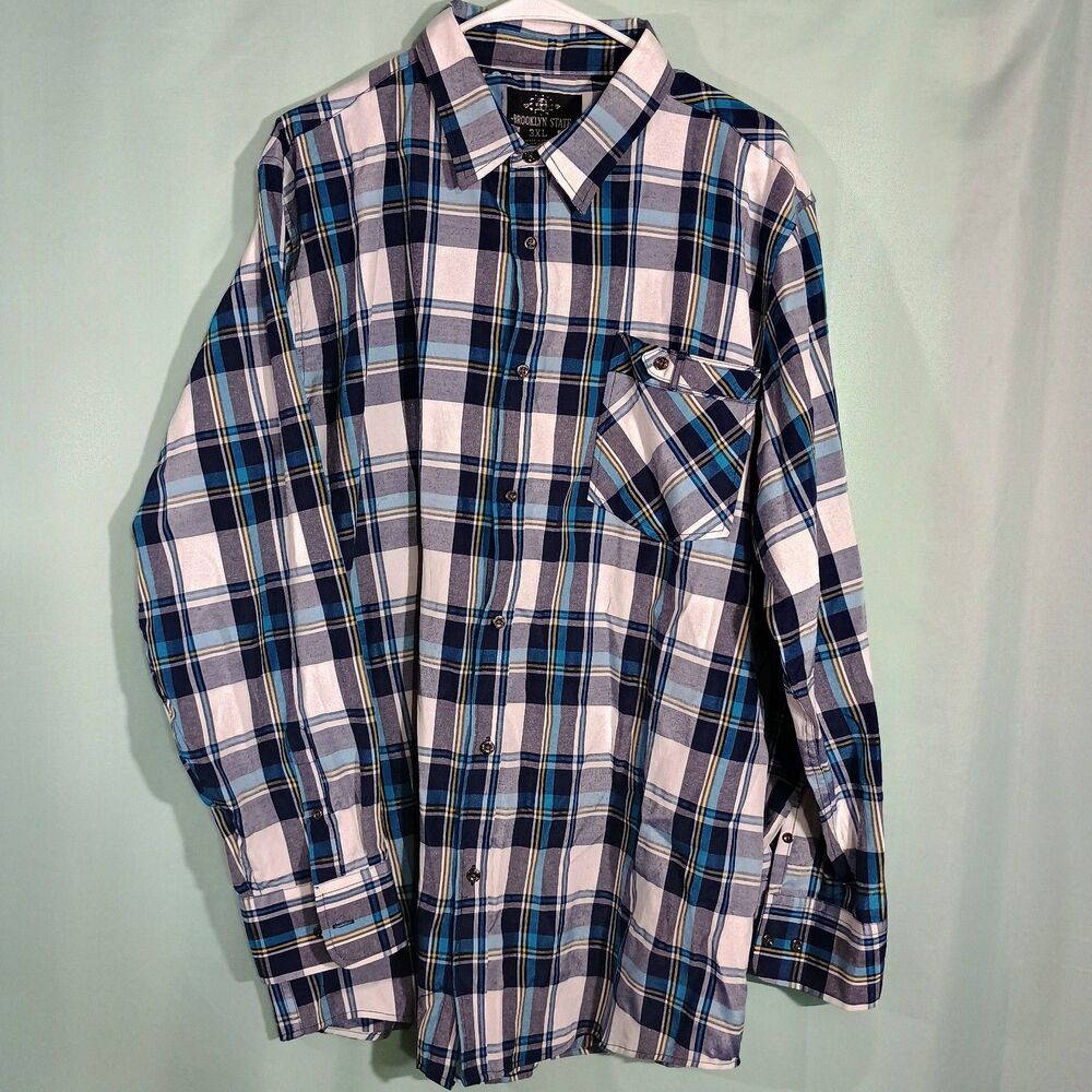 Men’s Plaid Button Down Shirt – Blue White Long Sleeve Flannel Style Shirt